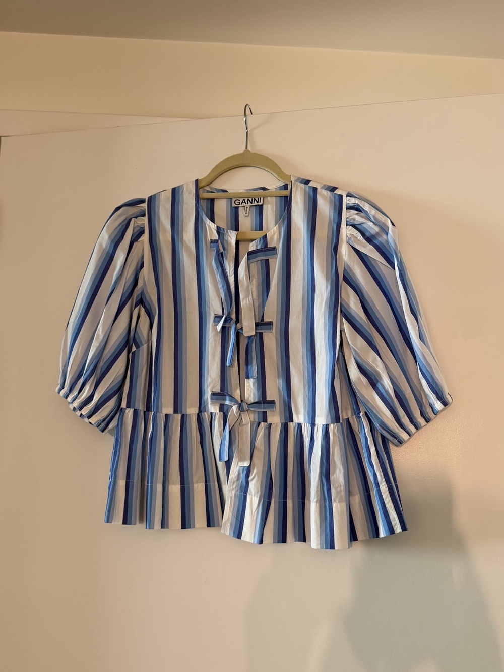 Ganni Blue & White Striped Tie-Front Peplum Top